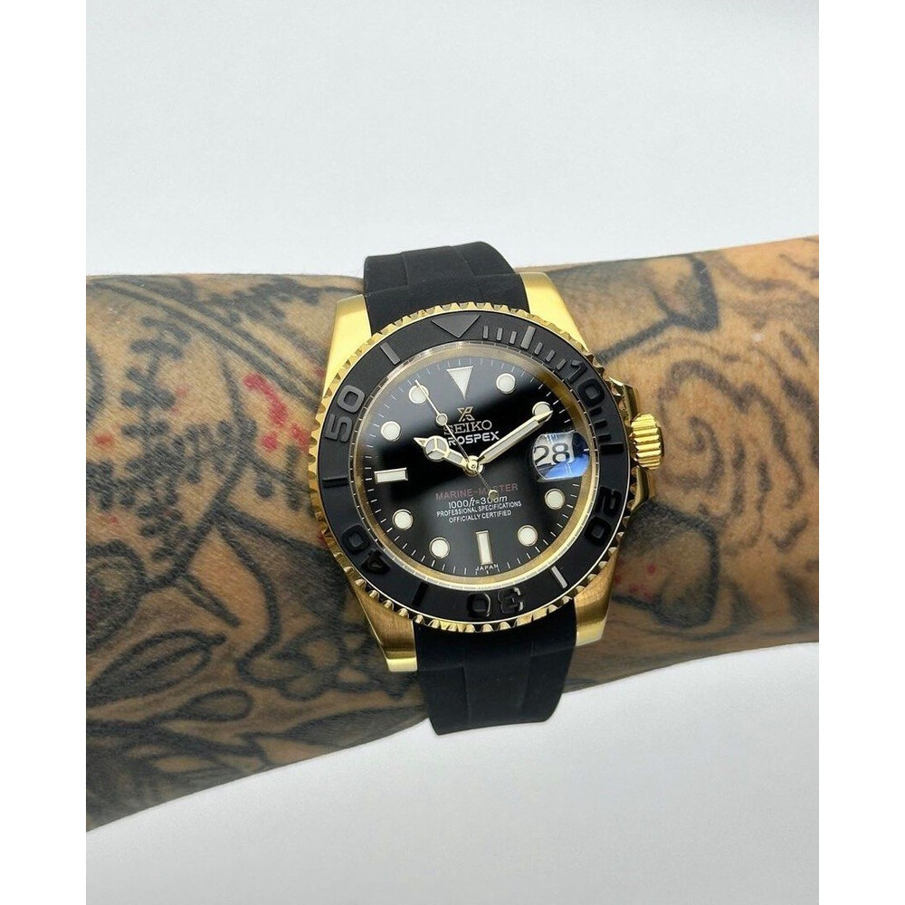 Custom Seiko Mod • Glossy Black MarineMaster Gold Yachtmaster • 40mm